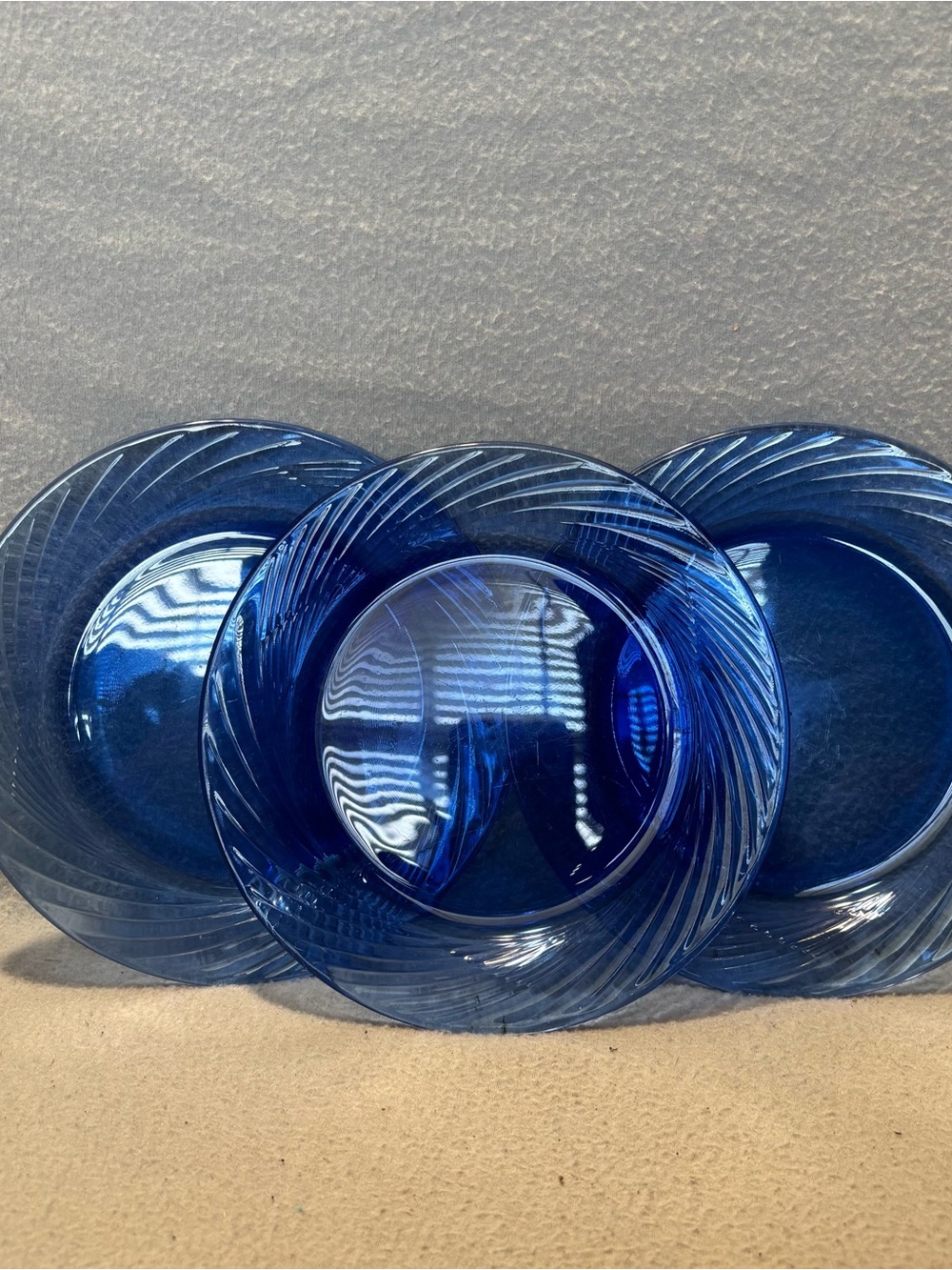 Vtg. Pyrex Festiva Cobalt Blue Swirl Glass Salad Plates - Set of 3